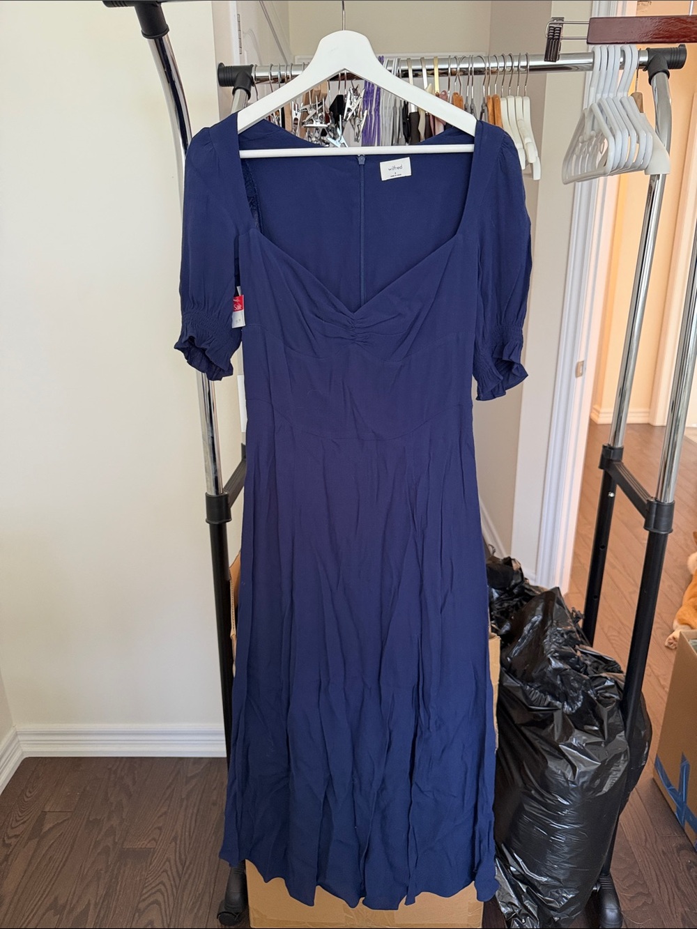 Wilfred Navy Square-Neck Midi Dress with Puff Sleeves